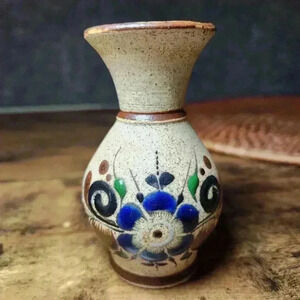 Tonala Mexico Art Pottery Vase Folk Art Signed Flowers Blue Brown Textured